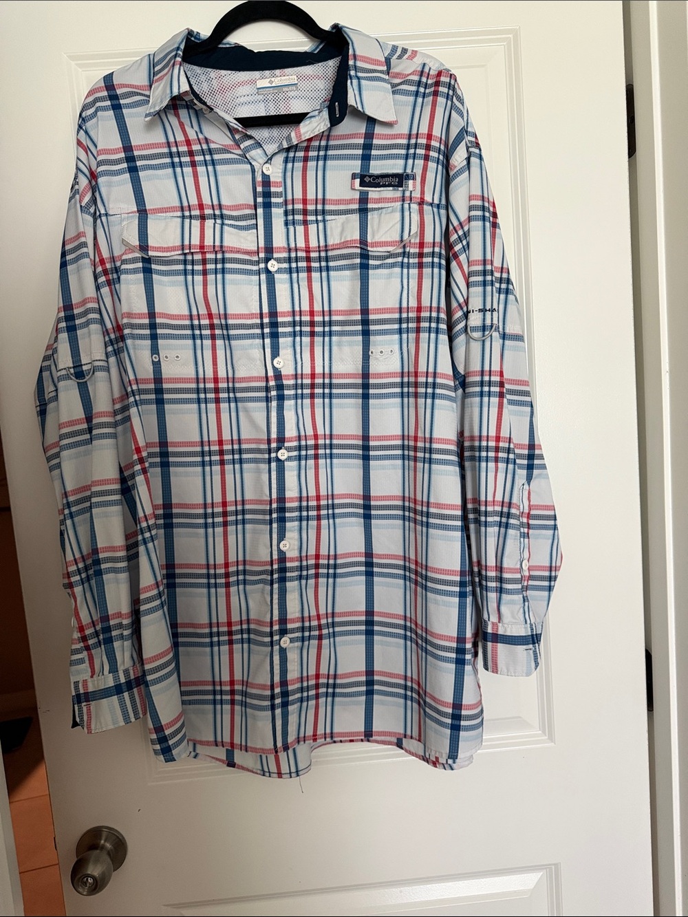 Columbia Plaid Long-Sleeve PFG Top in White, Blue & Red